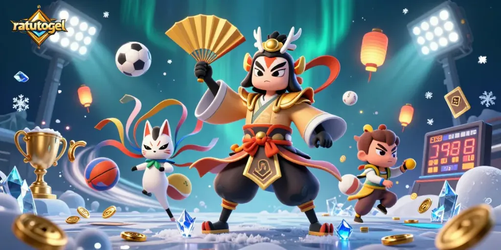 Menggunakan ratutogel, kabuki warrior crane berperang dengan semangat, dikelilingi bola olahraga, koin emas, dan efek magis.