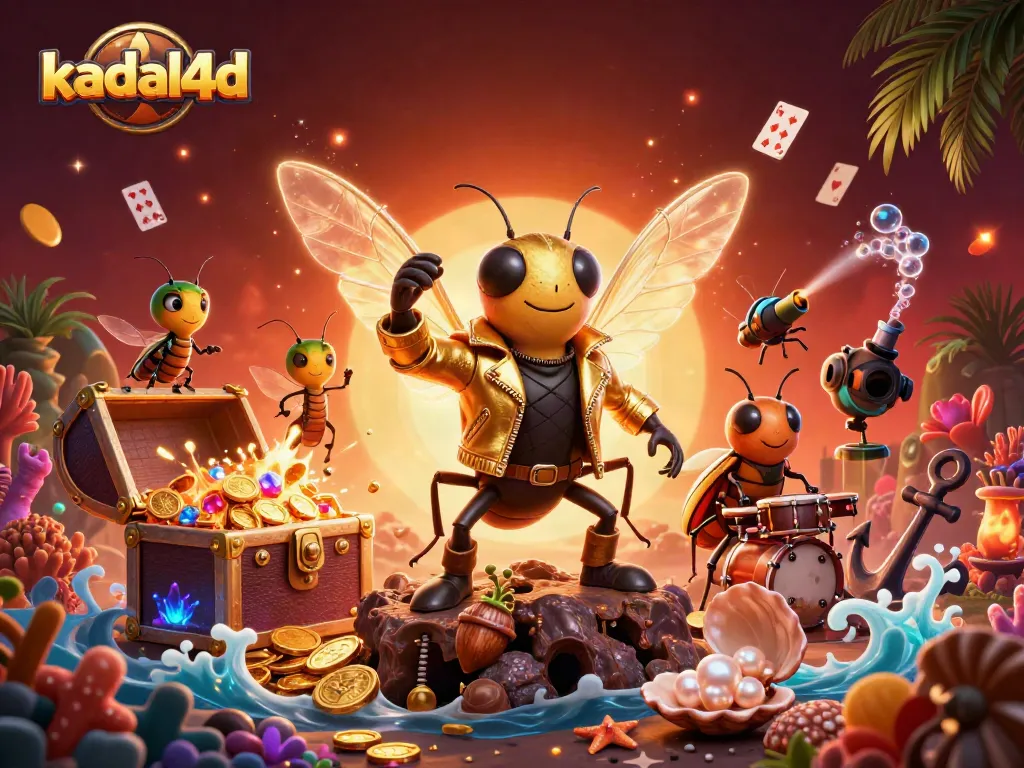 Kadal4d features a vibrant scene with a rock star cicada, beetle drummer, and underwater treasures, enhancing the gaming experience.