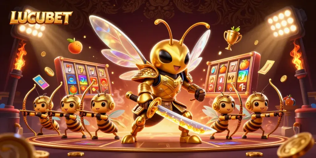 Join the action at LUCUBET with thrilling slots and dynamic gameplay elements in a vibrant illustration.