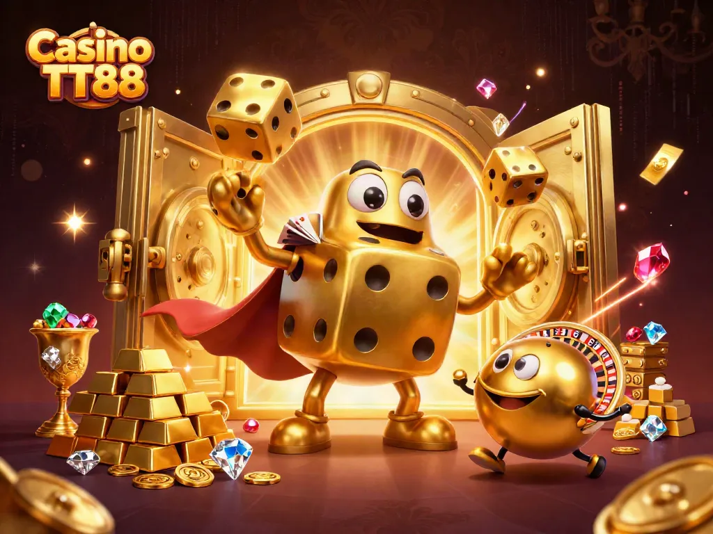 Casino TT88 features a whimsical golden dice golem juggling dice in a vibrant casino atmosphere