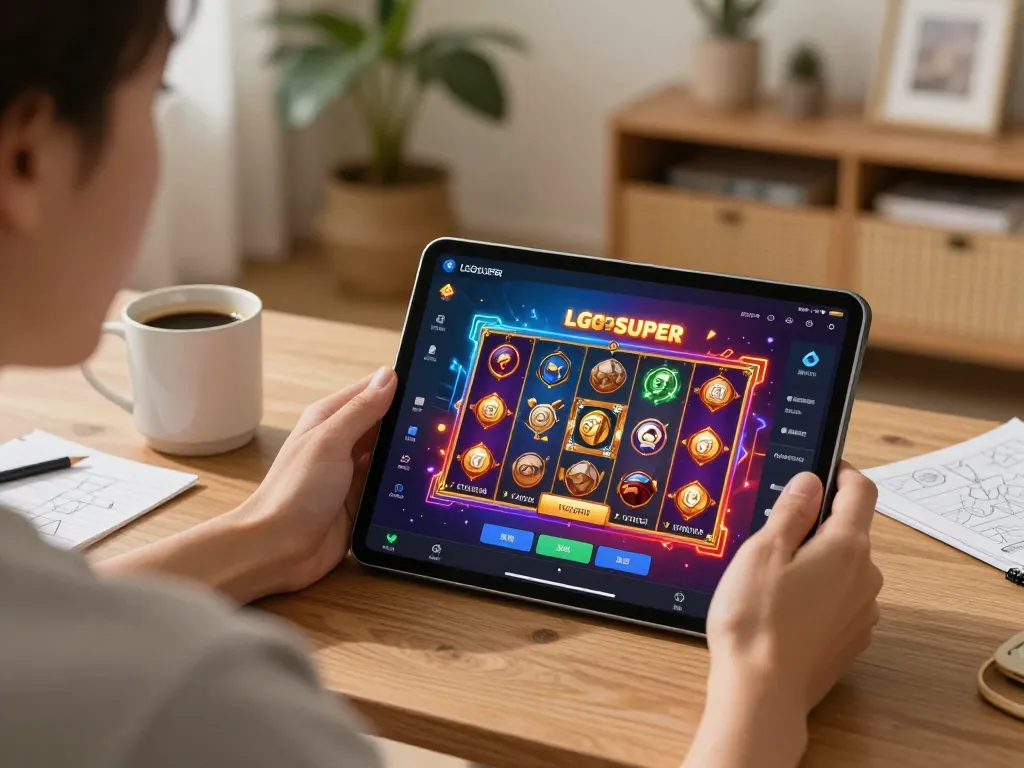 Player exploring LGOSUPER gaming app on a tablet in a cozy living room.