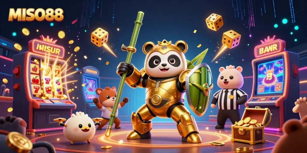 Engage with MISO88's thrilling casino experience through a dynamic battle scene featuring a golden panda mech in action.