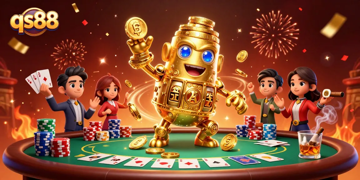 Engage with qs88's thrilling casino atmosphere featuring a golden golem and poker elements.