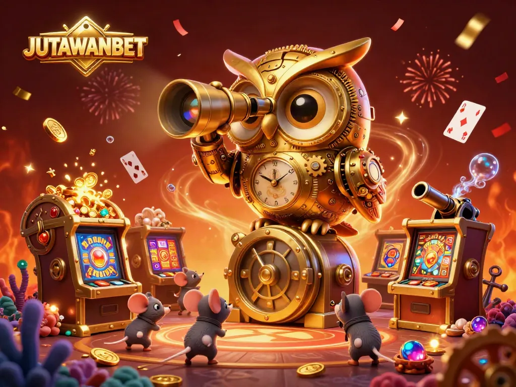 Experience thrilling slots and online games with JUTAWANBET, illustrated in a vibrant casino scene.