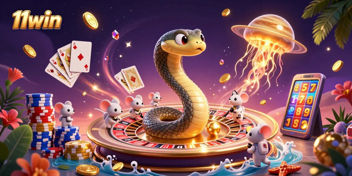 Experience the thrill of wagering with 11win's cosmic casino scene featuring unique celestial characters.