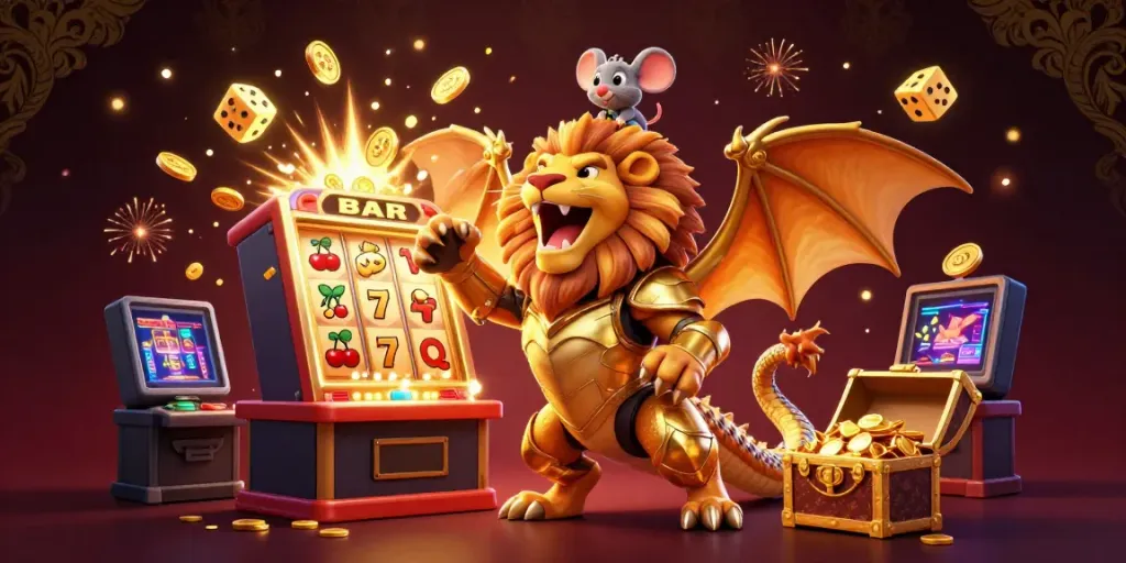 Experience the excitement of bandungtoto gaming with a dynamic 3D illustration showcasing a chimera and slot machine bursting with coins.