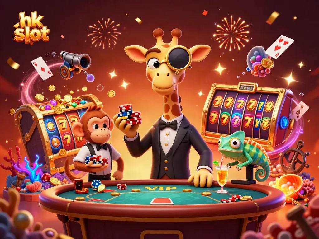 Experience thrilling gameplay in hk slot with a vibrant casino scene featuring a giraffe, monkey, and chameleon.