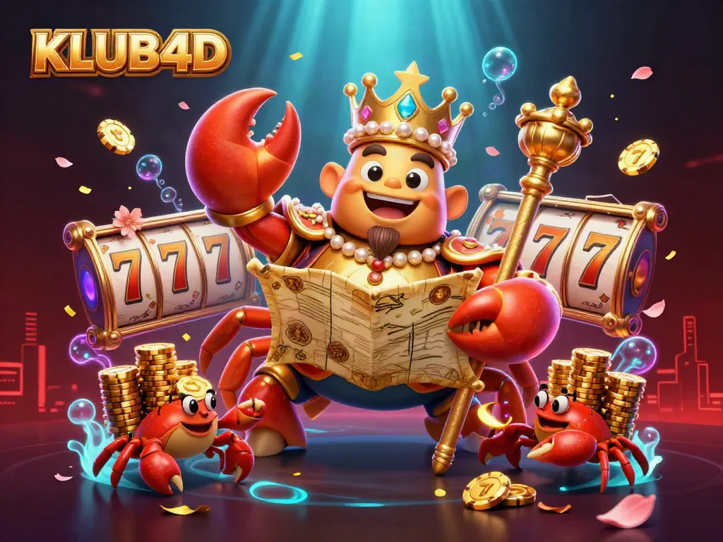 Permainan slot KLUB4D dengan kepiting emas dan harta karun yang berkilauan.