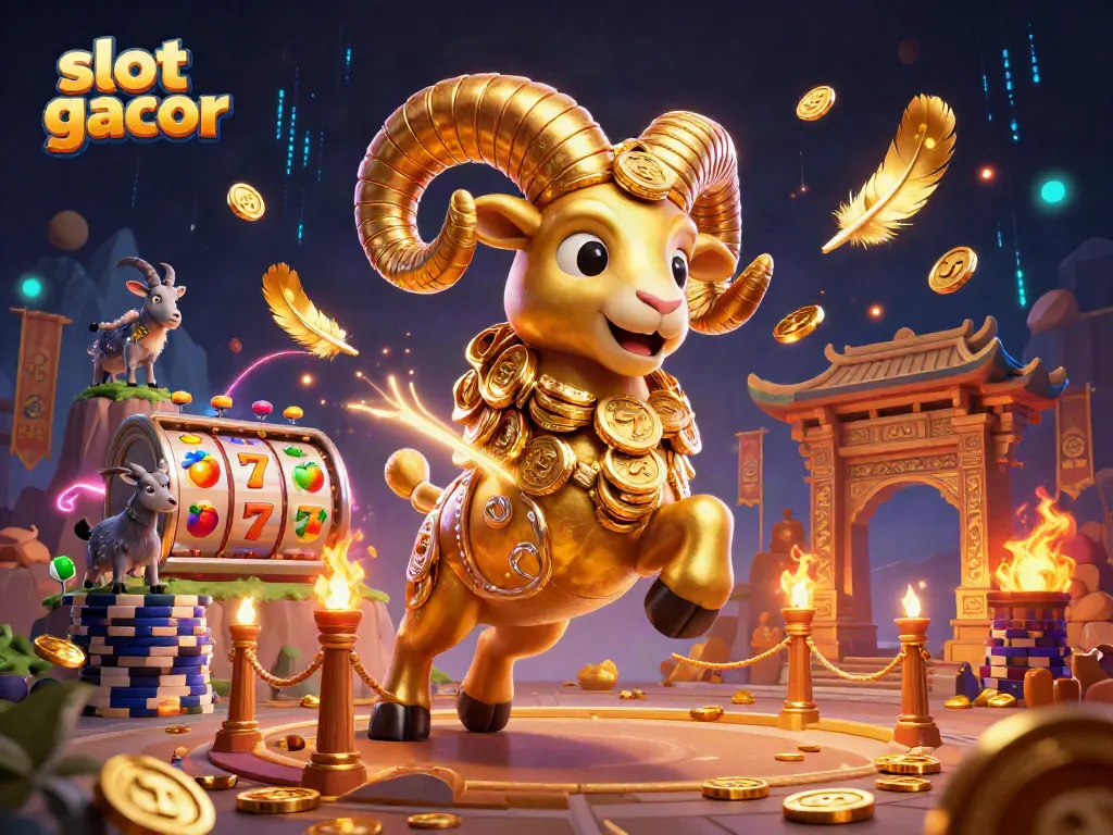 Slot gacor menampilkan ram emas dengan simbol slot berputar di arena kasino.
