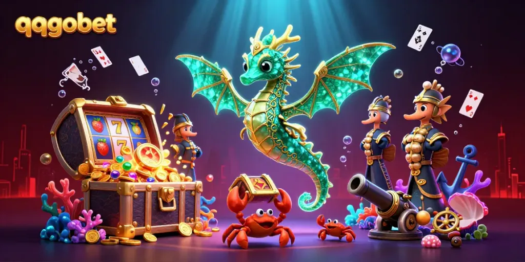 Experience thrilling gaming with a visually stunning qqgobet illustration featuring a dragon and treasure in a vibrant casino scene.
