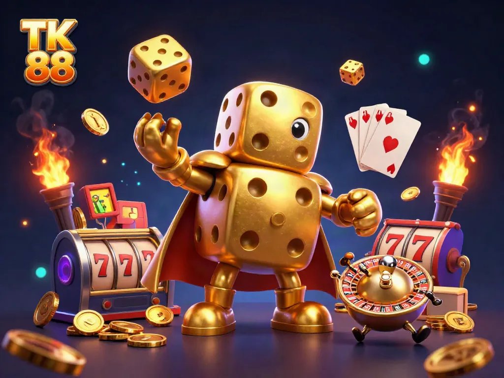 TK 88 showcases a dynamic 3D illustration with a golden dice golem and vibrant slot elements for casino thrills.