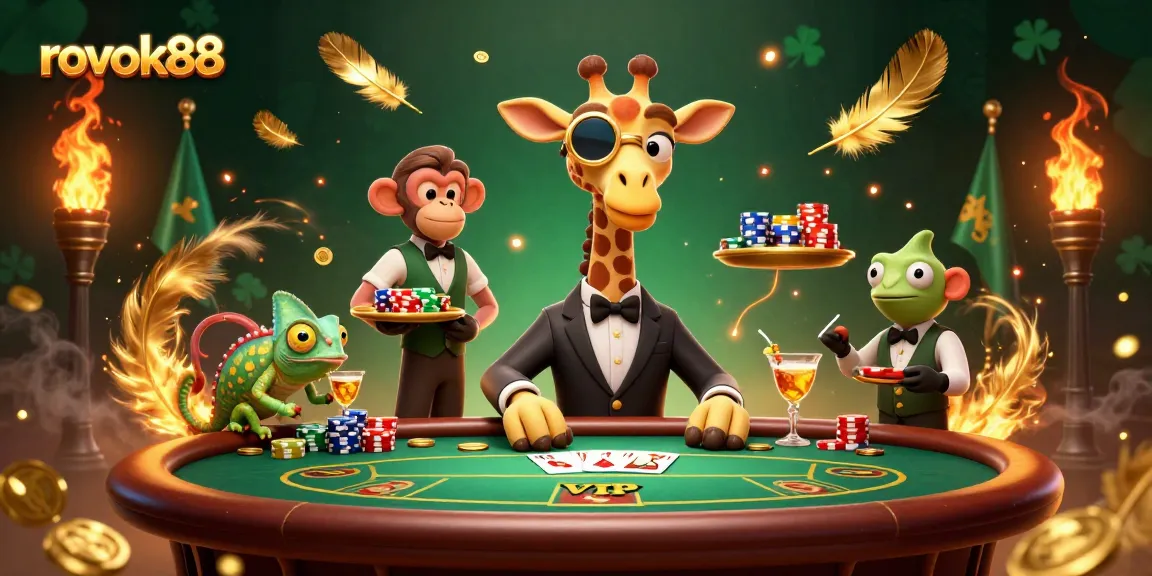 Experience thrilling gameplay at rokok88 with a high-roller giraffe at the poker table, amidst golden coins and festive vibes.