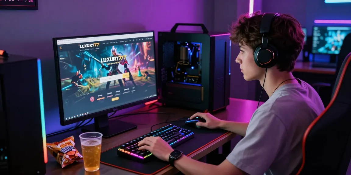 Proses Cara Login LUXURY777 dengan pengguna yang fokus pada layar gaming di ruang yang dinamis dan penuh warna.