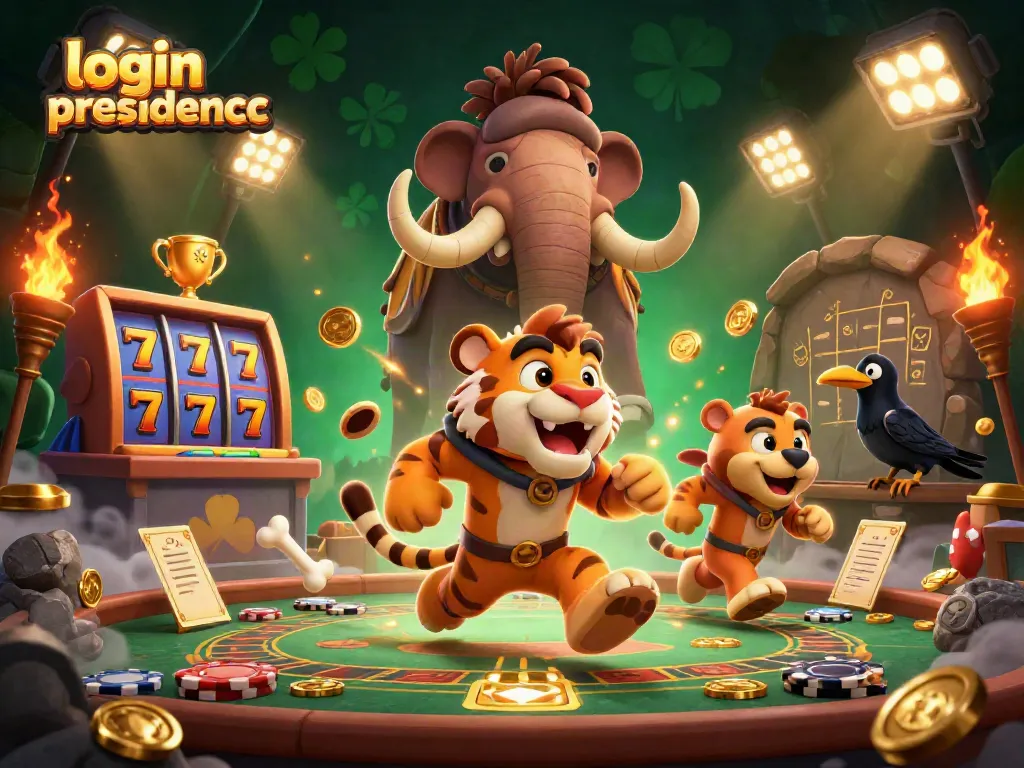 Experience the thrills of login presidencc with a prehistoric casino scene featuring engaging cartoon characters and dynamic elements.