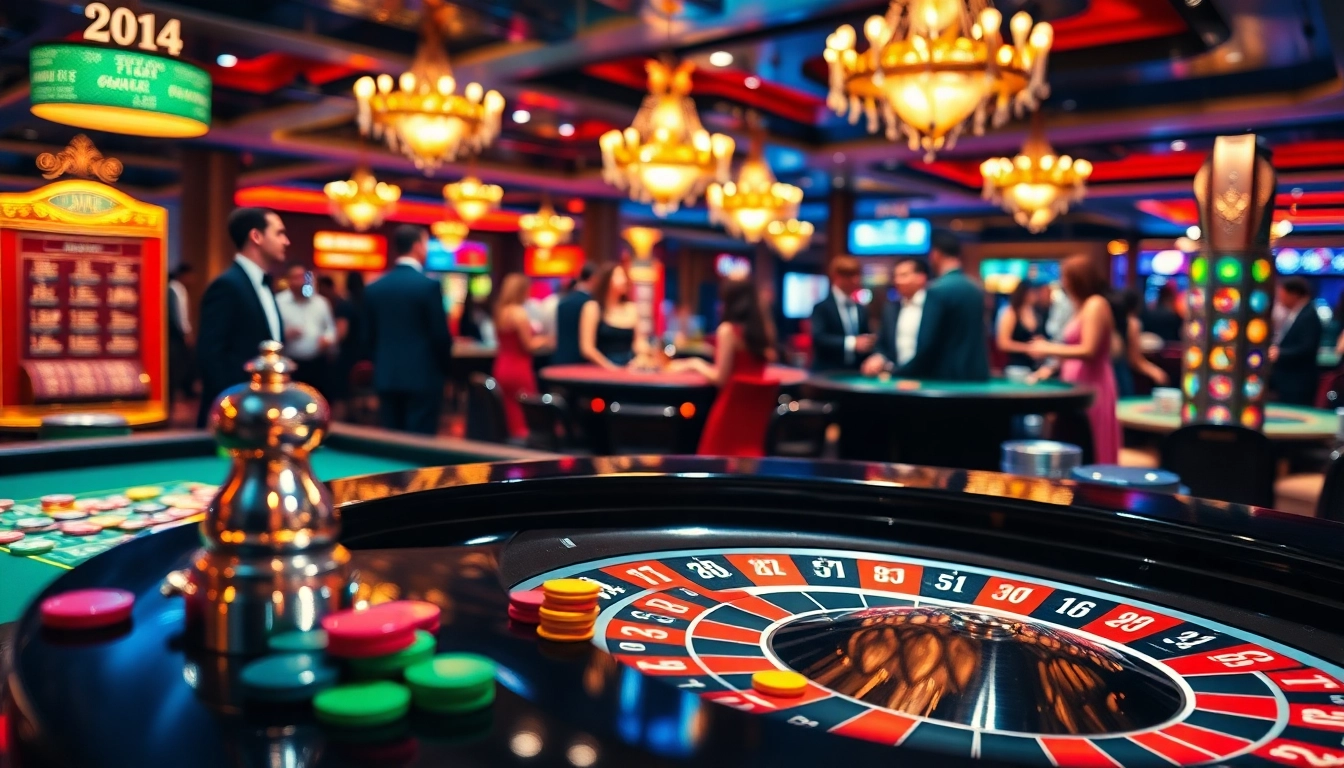 Pemandangan kasino dengan oja89 pada meja roulette dan pemain terlibat dalam permainan.
