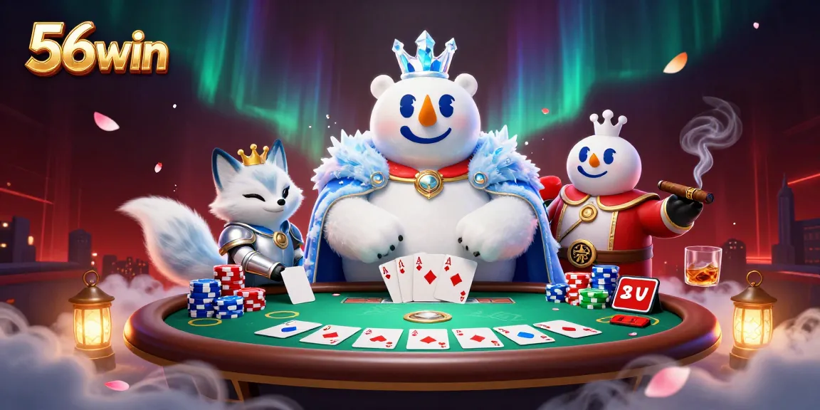 Experience thrilling poker action at 56win with a dynamic casino scene featuring an ice king and fox warrior.