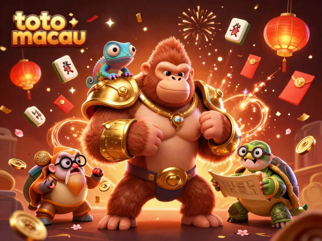 Visualisasi 3D menarik bergambar karakter utama "toto macau" dengan elemen perjudian meriah.