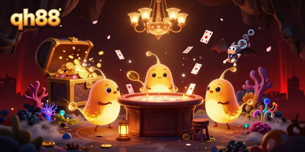 Experience the vibrant glow of qh88 with neon lights and golden treasures in a dazzling casino illustration.