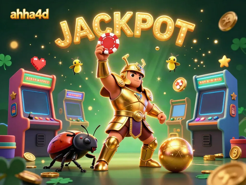 Experience the thrill of ahha4d gambling with a victorious beetle showcasing poker chips amidst vibrant gaming elements.