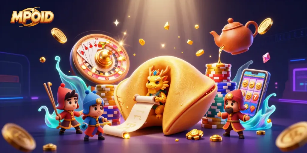 MPOID brings excitement to gaming with a lively scene of fortune cookies and dynamic casino elements.