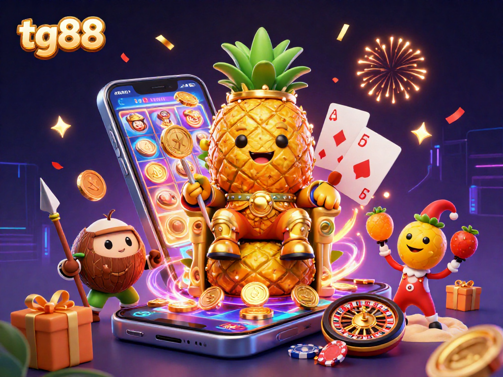 Experience excitement at tg88 with a golden pineapple king and carnival vibes amid vibrant casino games.
