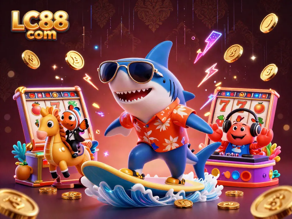 Play and win at LC88 com with a vibrant 3D casino illustration featuring a hammer-head shark and exciting slot games.
