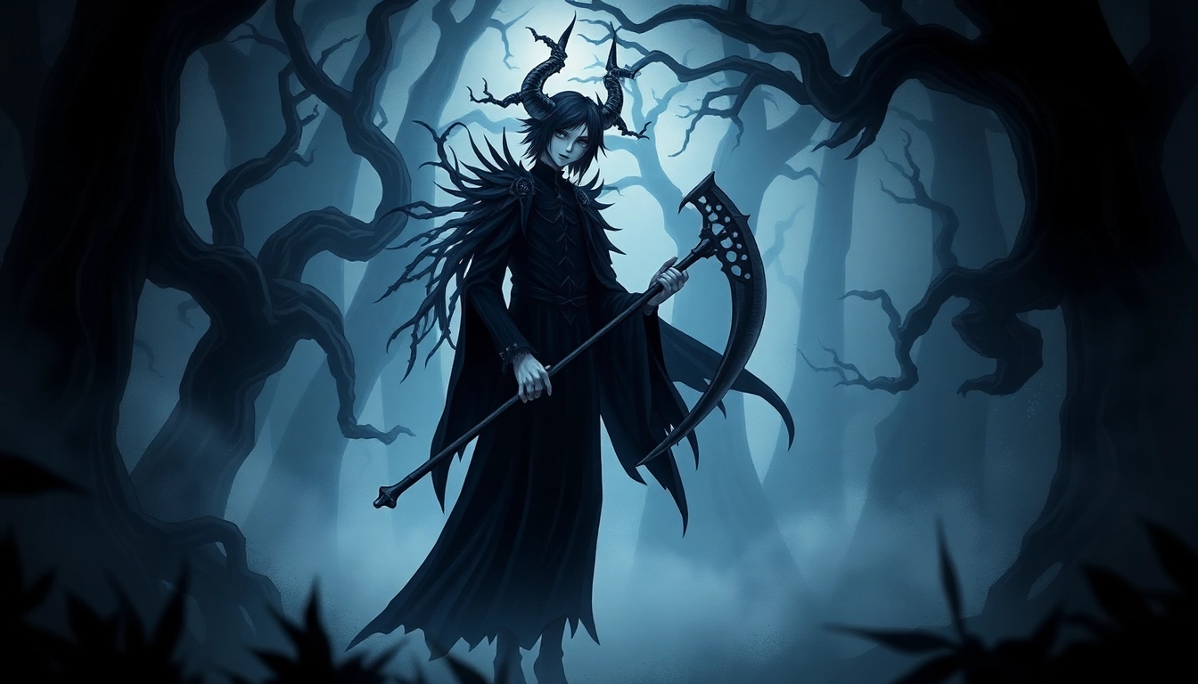 Shinigami figur berdiri angkuh di hutan mistis, dikelilingi oleh kabut misterius.