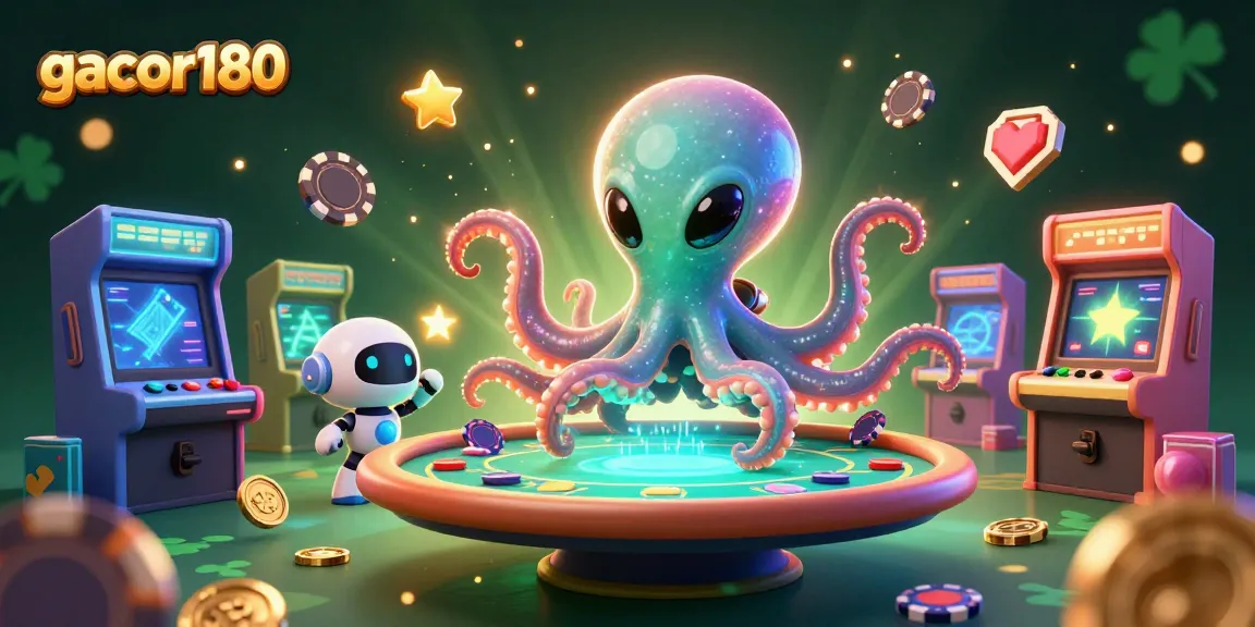 Mainkan koleksi permainan gacor180 dengan alien octopus di meja poker holografik yang futuristik.