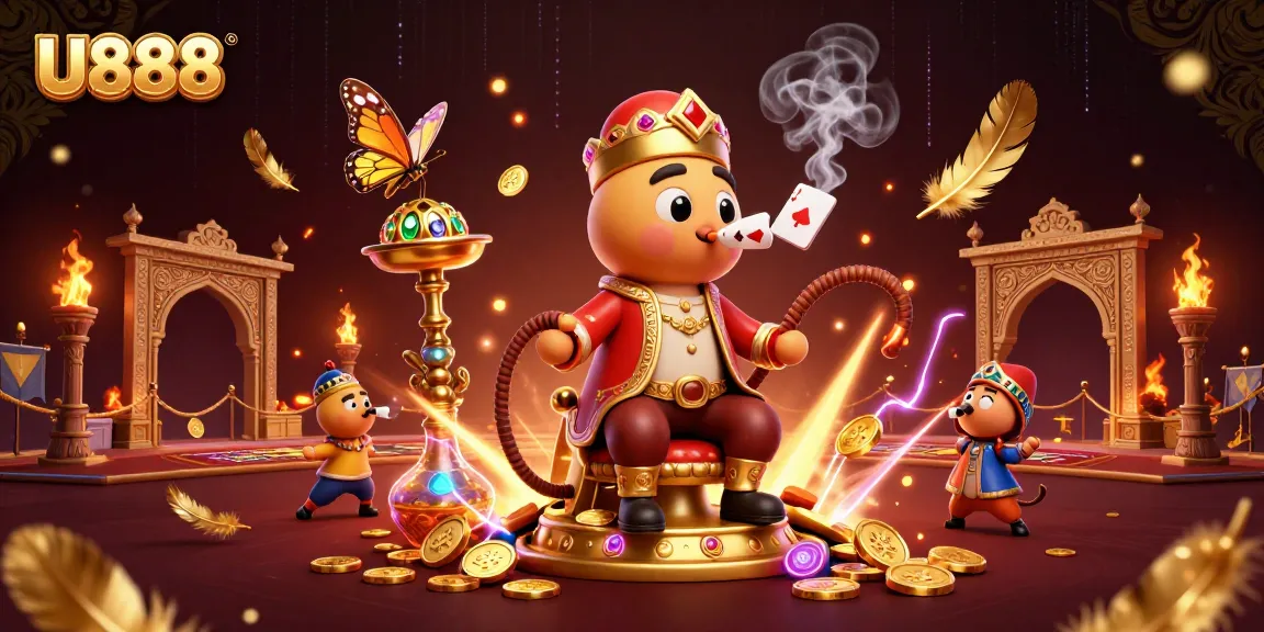U888 showcases a vibrant gaming scene with a caterpillar sultan, poker symbols, and dynamic casino elements.