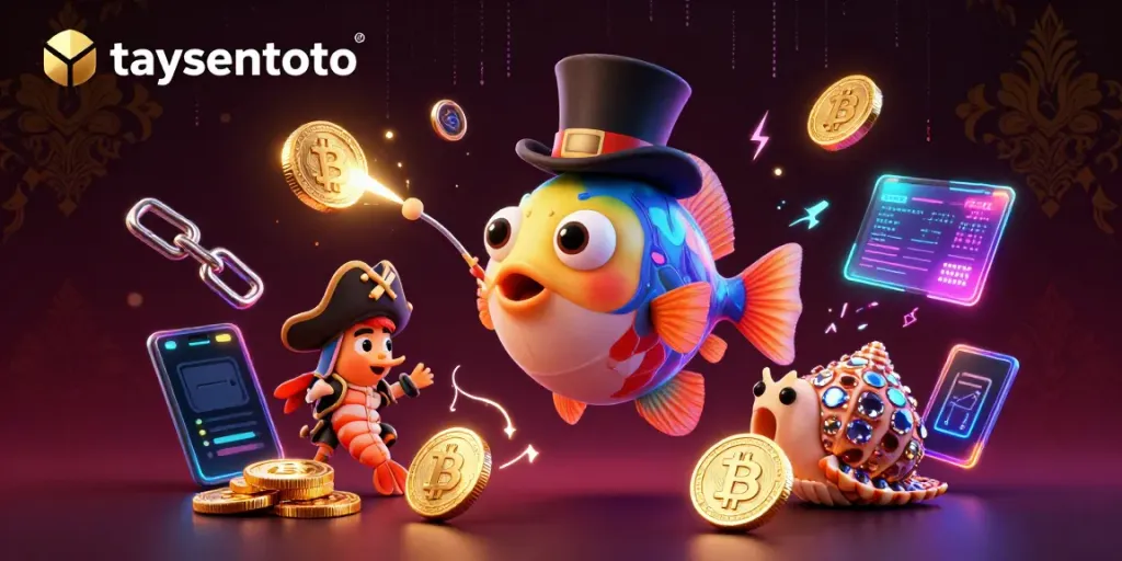 Experience taysentoto with this colorful 3D underwater gambling scene showcasing vibrant characters and crypto elements.