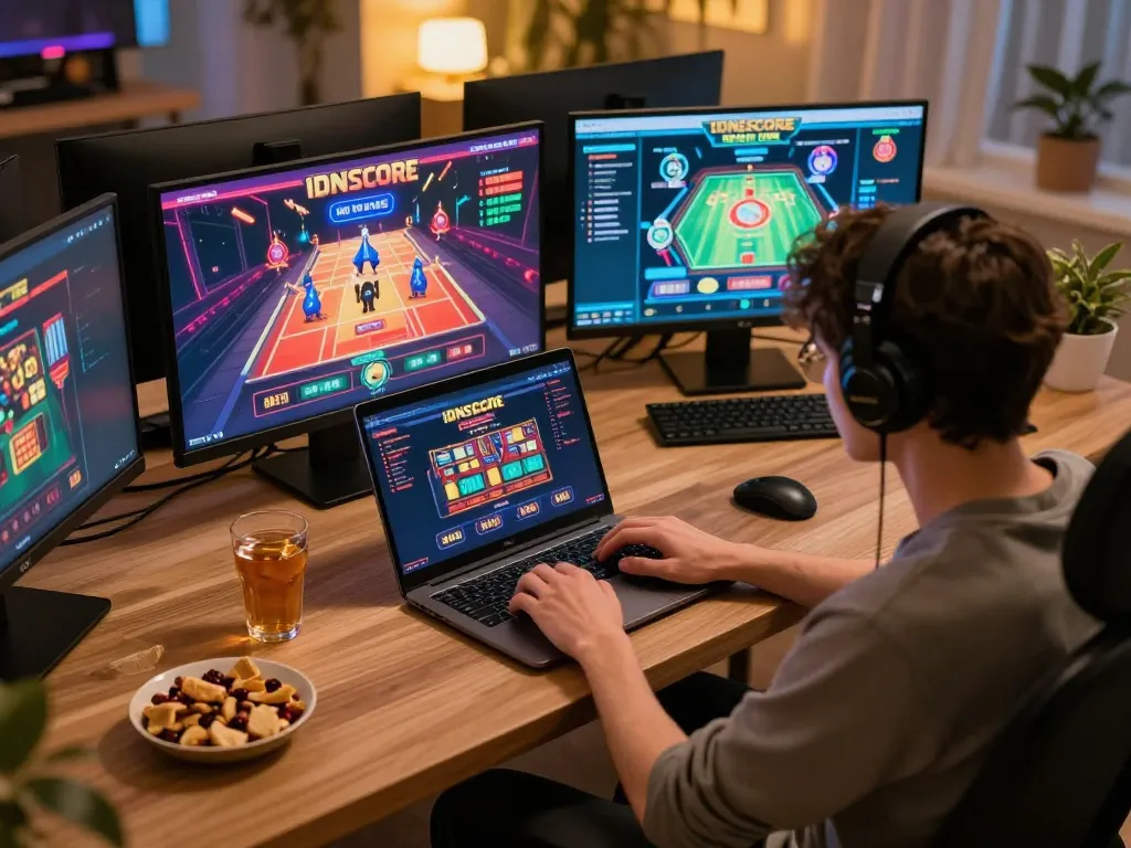 IDNSCORE online casino gaming experience with a player focused on their laptop and snacks nearby