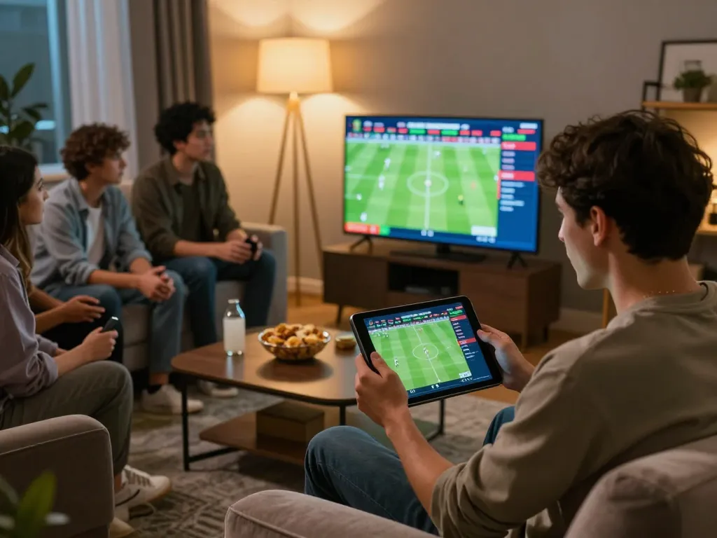 Excited bettor using tablet for nhà cái u888 sports betting with friends in cozy living room.