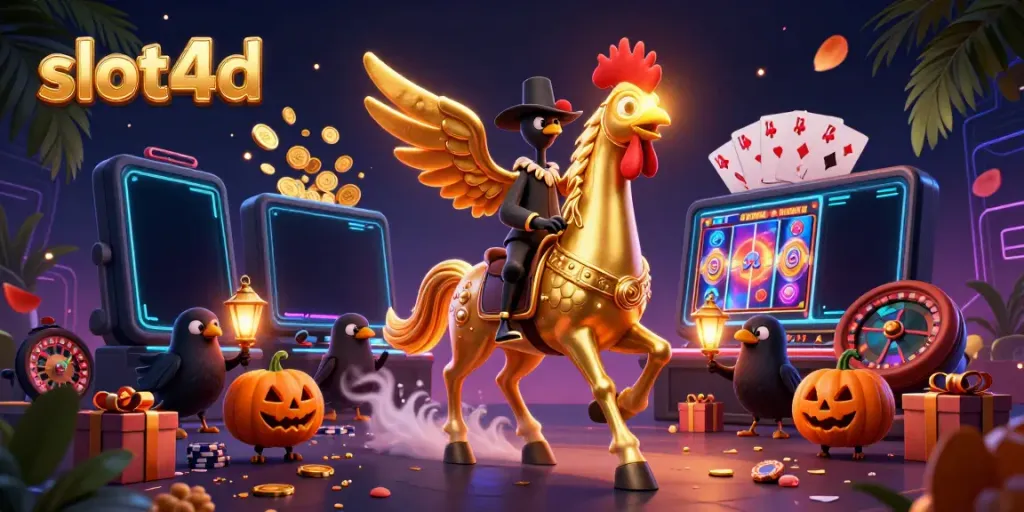 Engage with slot4d’s thrilling gaming scene featuring a golden rooster and vibrant casino elements.