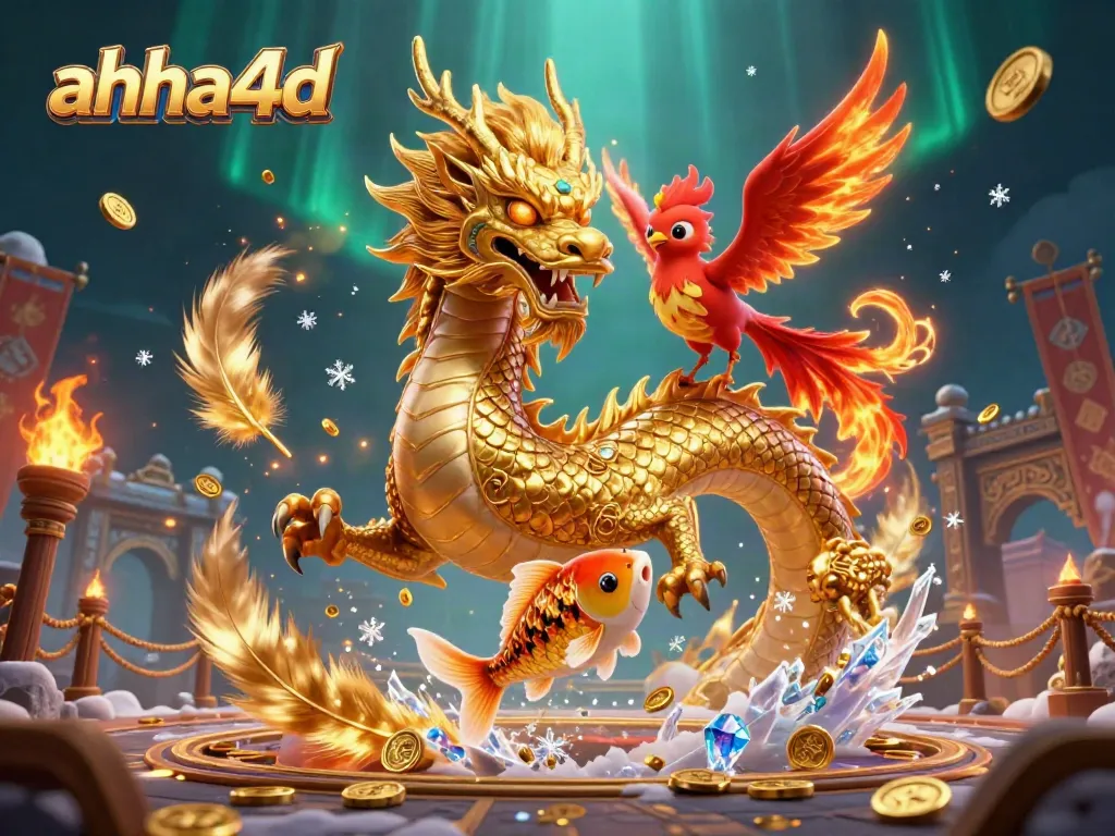 Win big with ahha4d in this dynamic illustration featuring a golden dragon, phoenix, and koi fish.