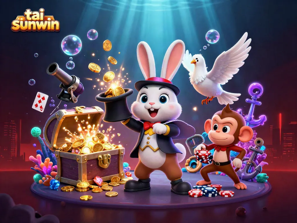 Experience exciting adventures with tai sunwin as a magician rabbit conjures coins, surrounded by vibrant casino elements.