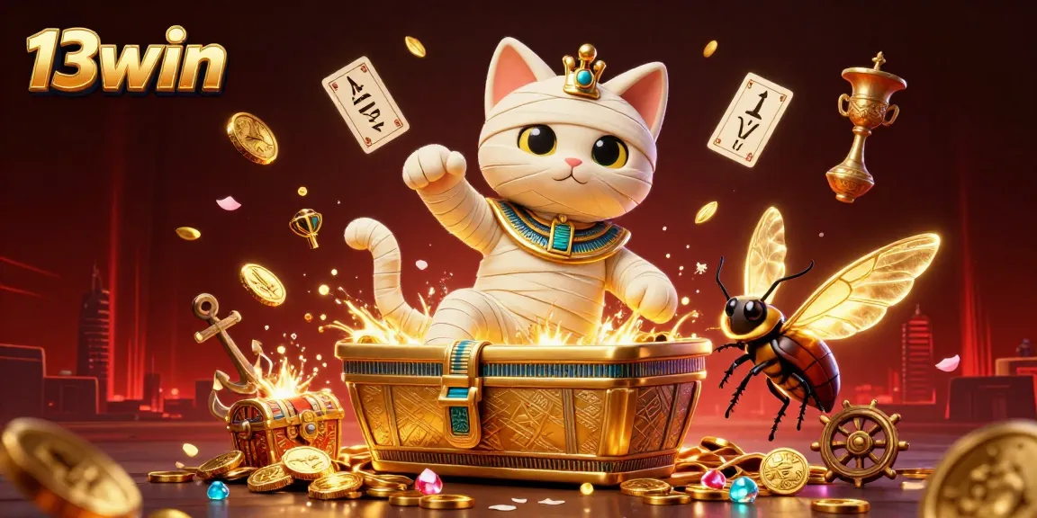 Play 13win's thrilling games with a mesmerizing mummy cat and glowing treasures in an enchanting casino scene.
