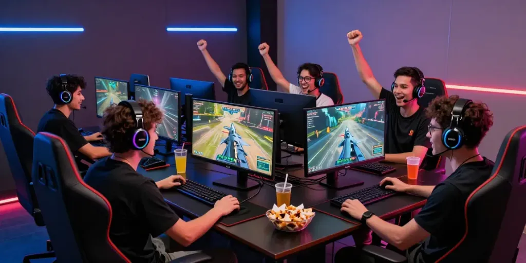 Nhóm bạn đang chơi game F168 cùng nhau, không khí náo nhiệt và vui vẻ.