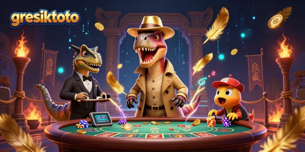 Experience the thrill of gresiktoto with a velociraptor card counter amidst an exciting casino scene.