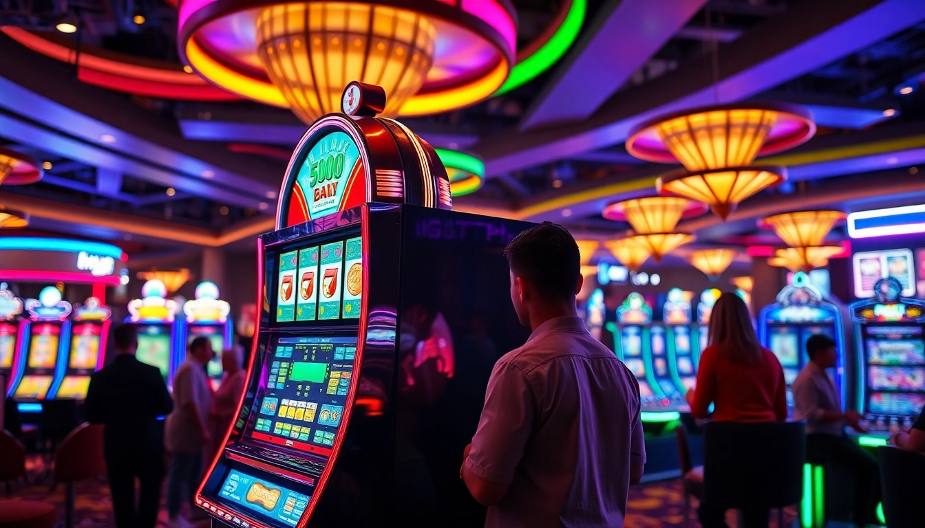 Manusia bersemangat bermain slot gacor di kasino penuh warna dengan mesin slot yang cerah.
