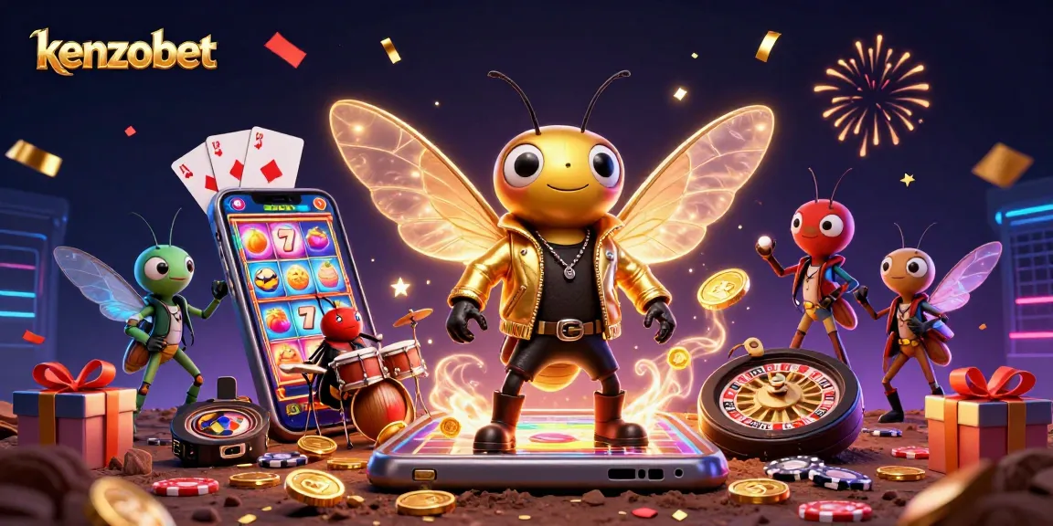 KenzoBet dengan cicada rock star di kasino, simbol slot berwarna-warni.