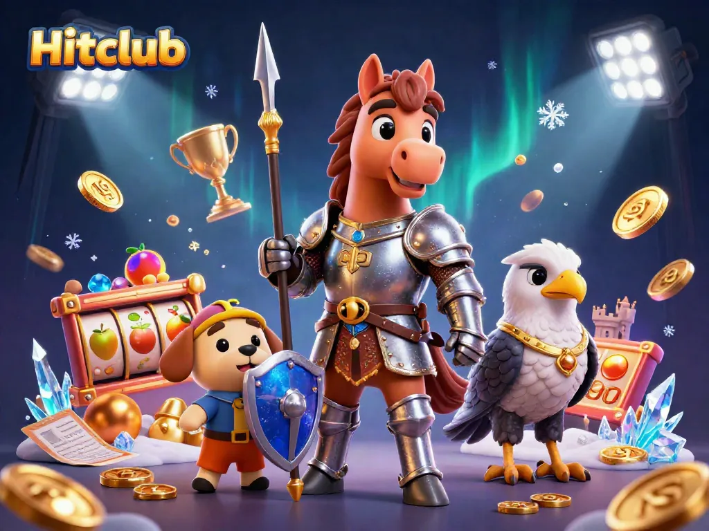Hitclub's vibrant casino scene with a knight and puppy, featuring dynamic slot elements.