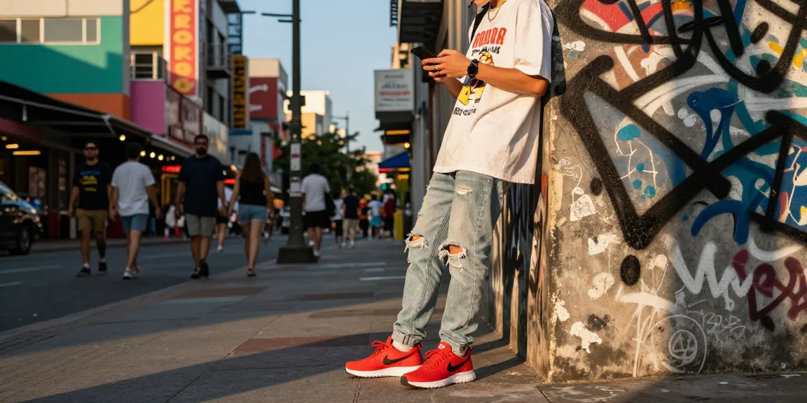 Orang muda dengan sneakers Nike x NOCTA Glide "Bright Crimson" berdiri di jalan kota, menunjukkan gaya urban yang fashionable.