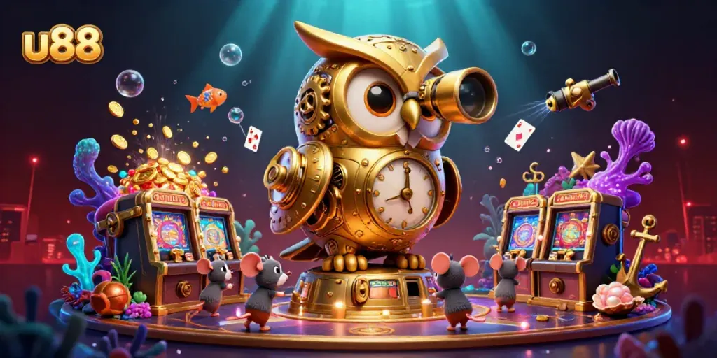 Experience thrilling gameplay at u88 with a 3D golden owl overseeing a vibrant casino scene.