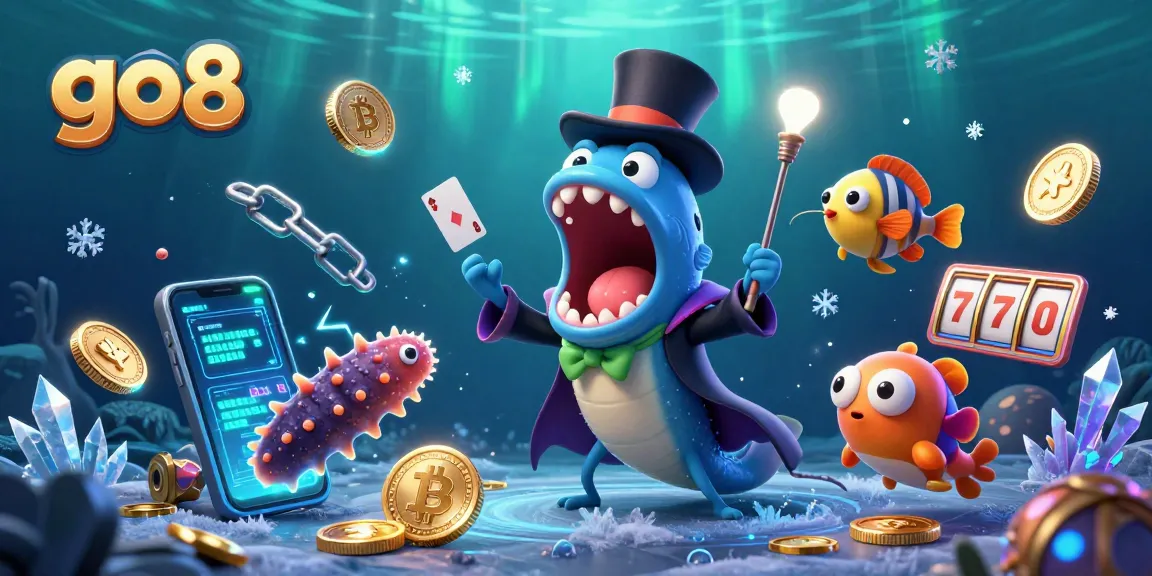 Experience the magic of go8 with a creative underwater casino scene featuring a bioluminescent eel and shimmering crypto elements.