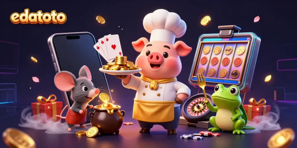 Watch edatoto's colorful slot games come to life with vibrant characters in a dynamic casino scene.