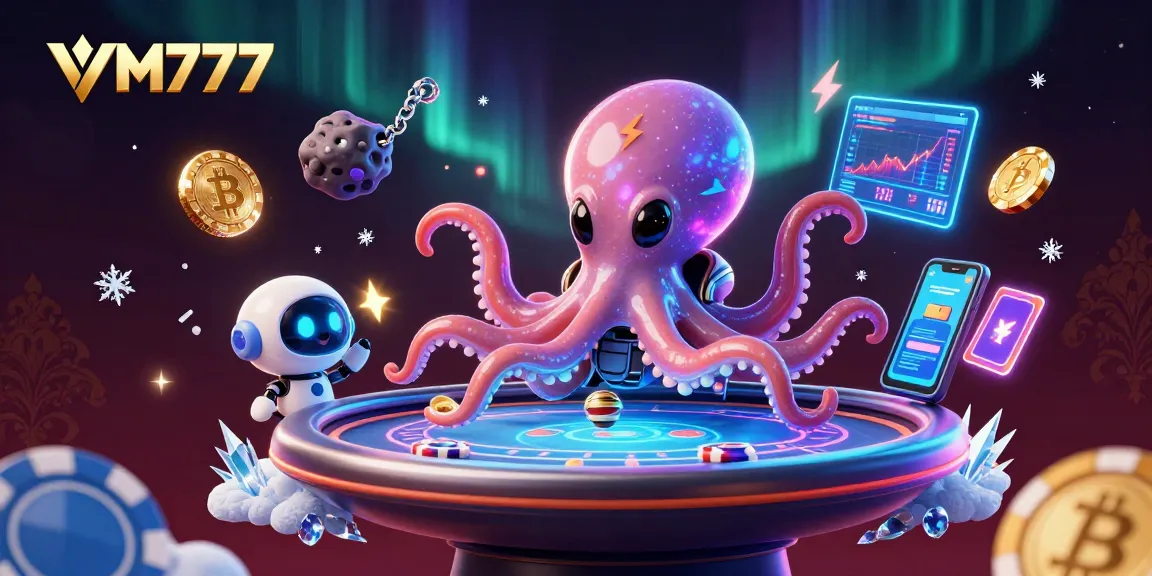 Experience thrilling gaming action at VM777 with an alien octopus amidst glowing crypto elements.