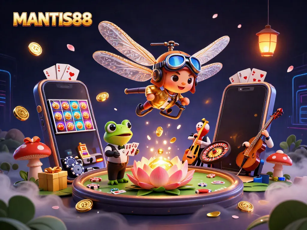 MANTIS88 brings excitement with a dragonfly pilot, frog dealer, and jazz crickets in a vibrant casino scene.