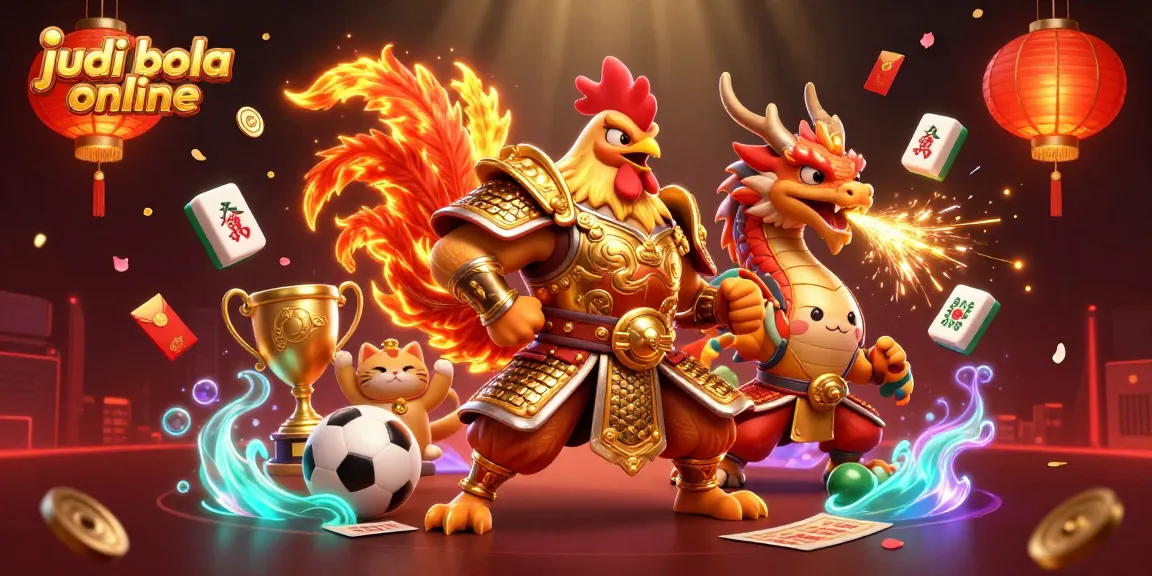 Explore judi bola online vibes with a dynamic scene featuring a fighting rooster and dragon hatchling.