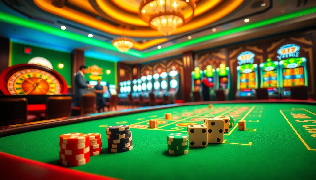 Thrilling scene of Tài Xỉu MD5 game with players engaging at a vibrant table in a luxurious casino.
