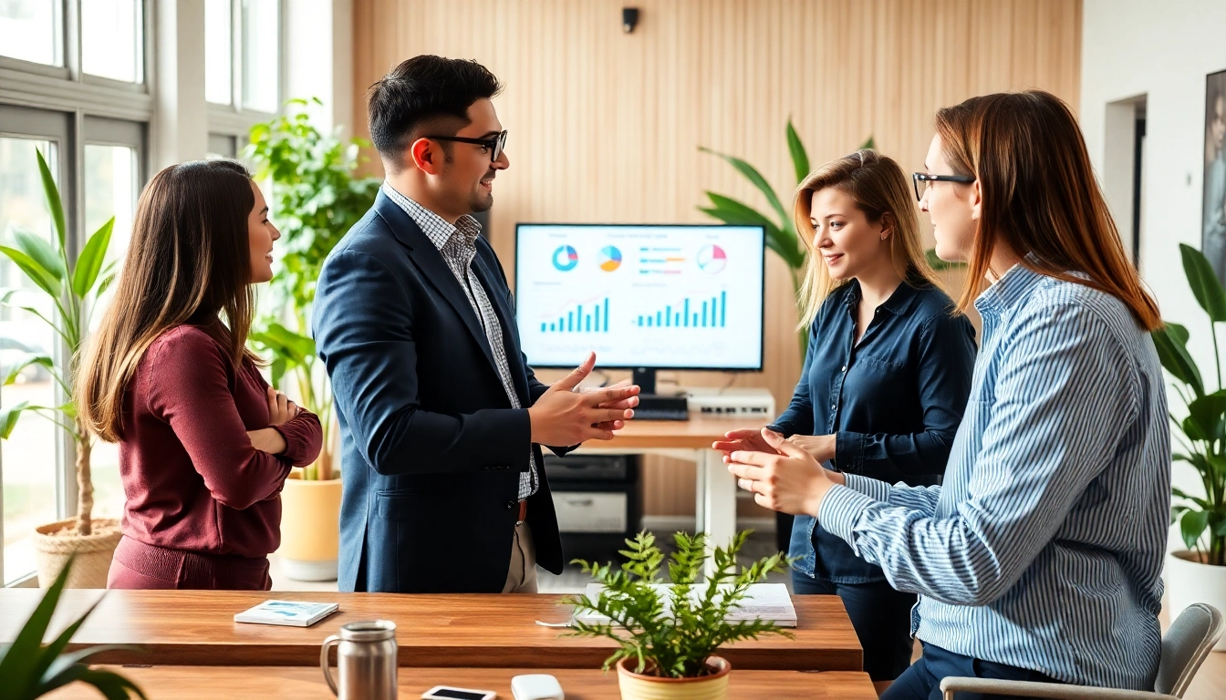A marketing consultant collaborating with a diverse team in a bright office environment.